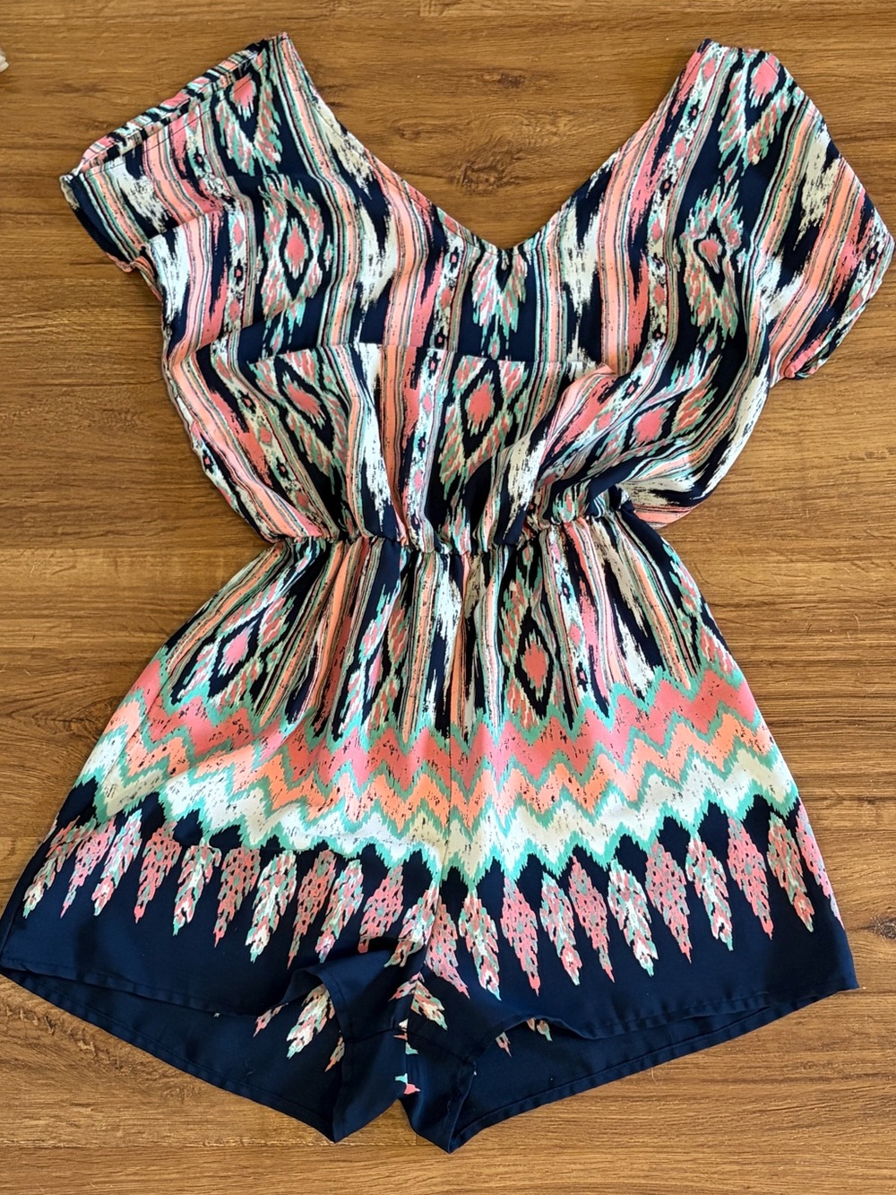 Soprano Navy Multicolor Aztec Print Short Sleeve Romper